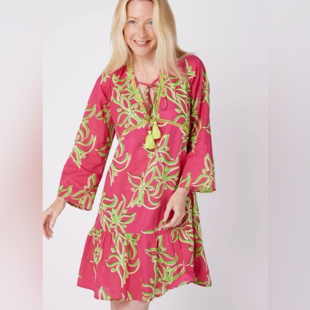 Modaposa Womens Tropical Print Beach Dress Sz Medium Pink Green Resortwear